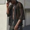 Men Club Shirt Hollow Out Mesh Cardigan Three Quarter Sleeve Thin Clubwear See-through