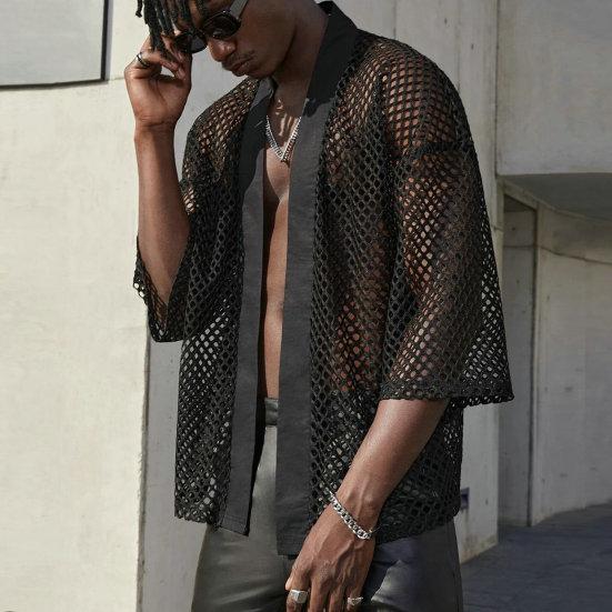 Men Club Shirt Hollow Out Mesh Cardigan Three Quarter Sleeve Thin Clubwear See-through