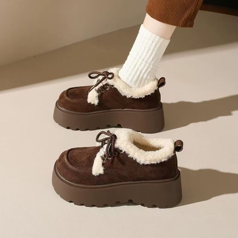 Autumn and winter new fleece thickened lace-up Birkenstocks cotton shoes fashionable small thick-soled heightening snow boots