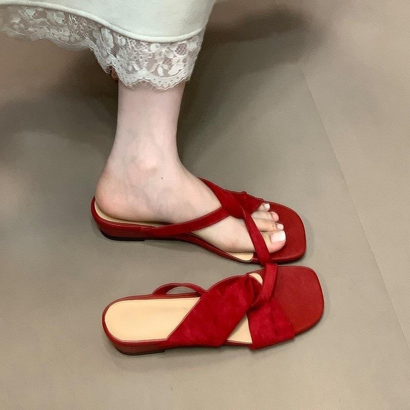 Retro Versatile One-word Drag with Skirt Gentle Wind Emerald Flower Kinked Cool Slippers
