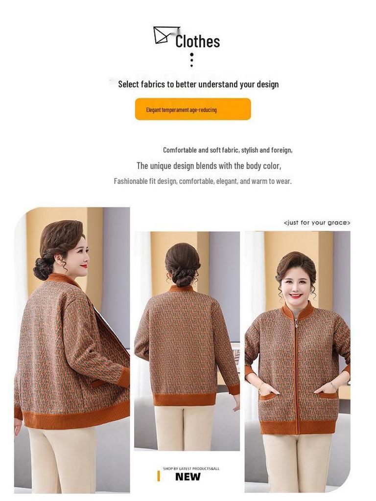 Fat Mama Plus Size Fleece-Lined Cardigan: Warm Autumn Winter Sweater for Middle-Aged & Elderly Women