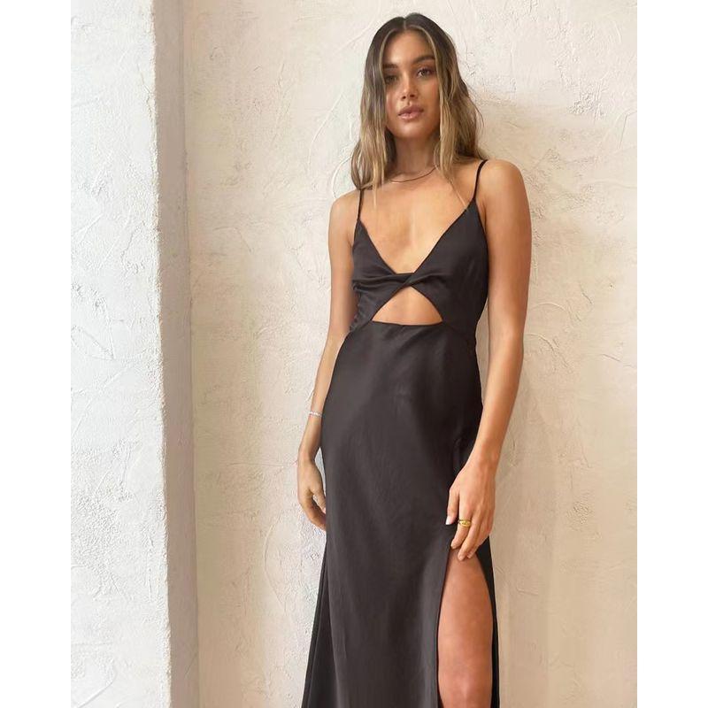 Fashion Wind Fashion Sexy V-neck Brace Dress Split Temperament Long Dress Sexy Suspender Dress