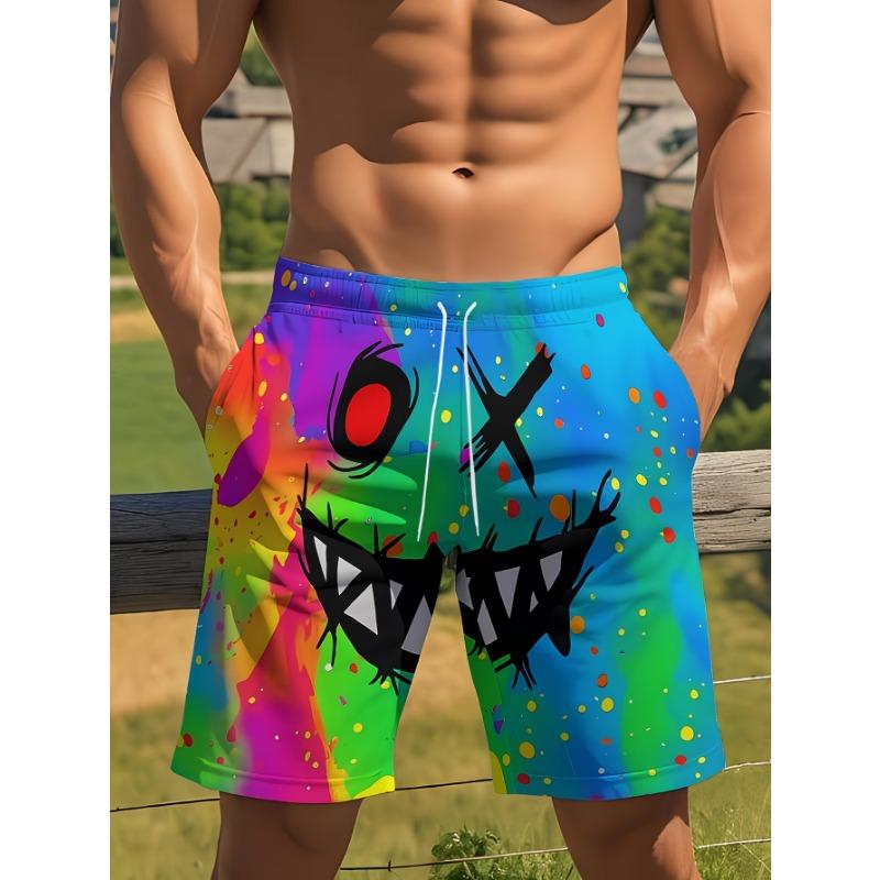 Men Rainbow Tie Dye Creepy Monster Face Splash Graffiti Print Swim Trunks Elastic Drawstring Waist With Pockets Abstract Scary C S