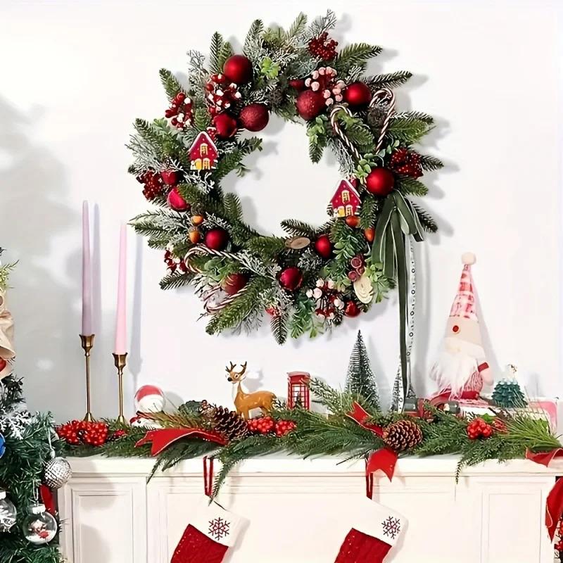 35cm Christmas Wreath with Pine Cypress & Bell - Door Hanging Decoration Pendant, Party Scene Ornament & Holiday Gift