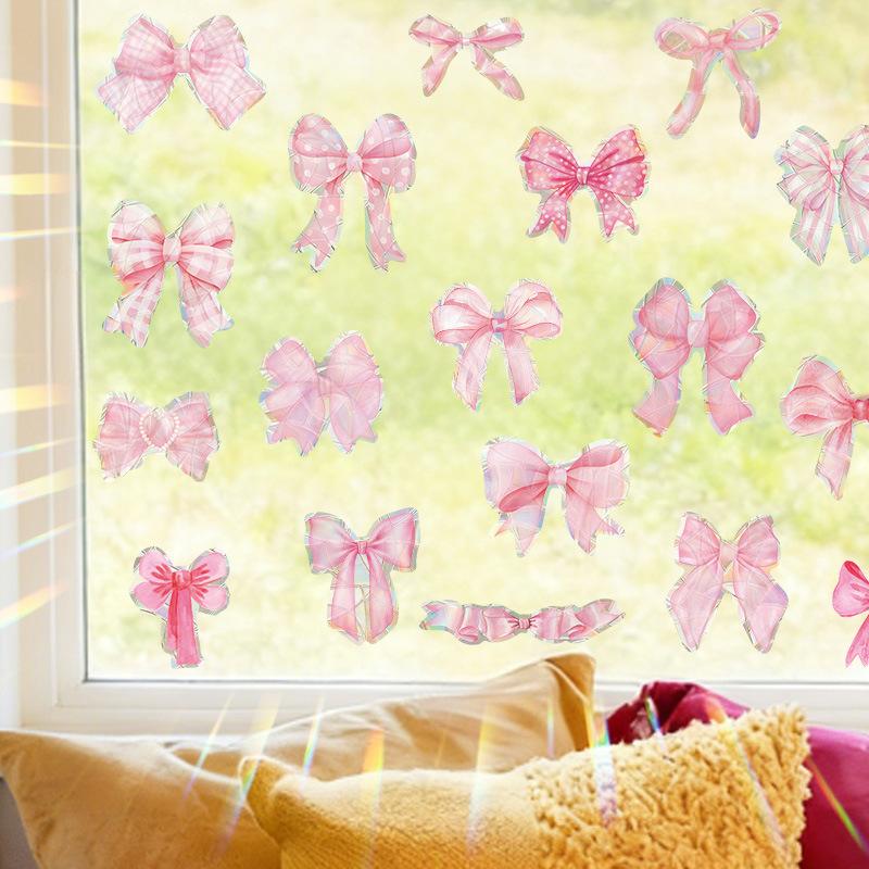 Pink Bow Holographic Window Stickers, Boho Iridescent Glass Decals for Girls Bedroom, Rainbow Window Clings for Bedroom and Shop Window Decor