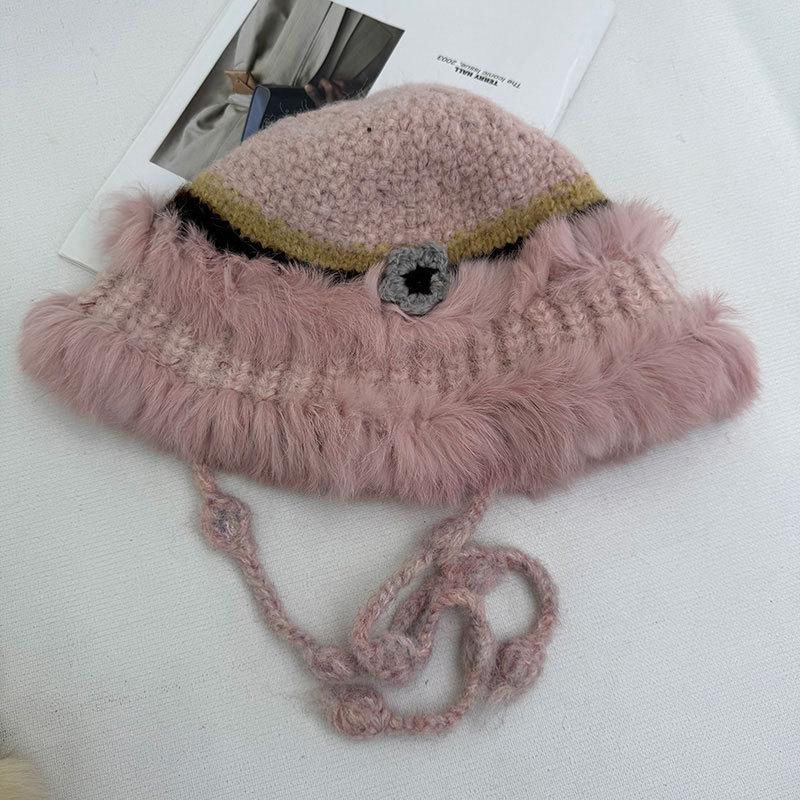 Flower contrasting color knitted bucket hat women's autumn and winter retro face small wool hat rabbit hair thermal bucket hat