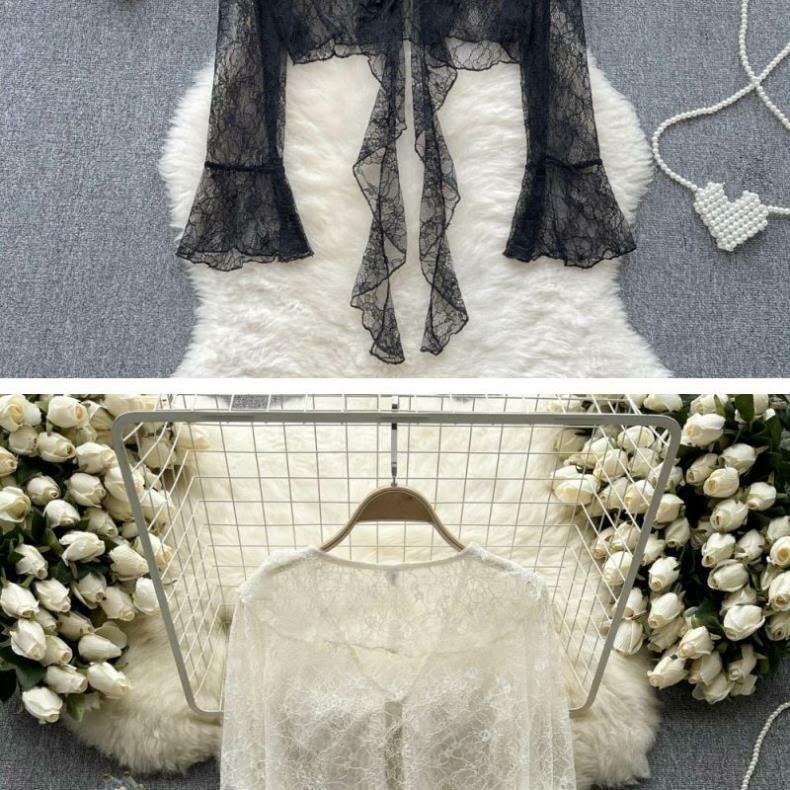 Cardigan estivo in chiffon da donna - Pizzo con balze, Chiusura con laccio sul davanti, Maniche a campana, Sciarpa parasole.