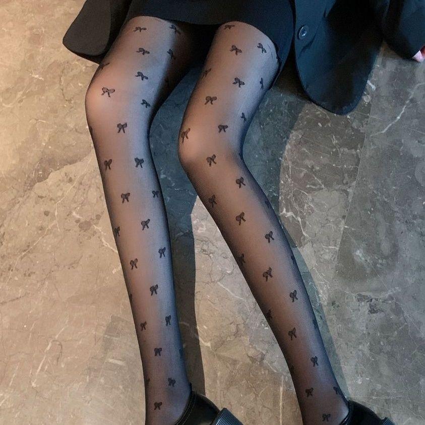 Black Bowknot Stockings Thin Summer Hot Girl Black Silk Jacquard Student Versatile Pantyhose
