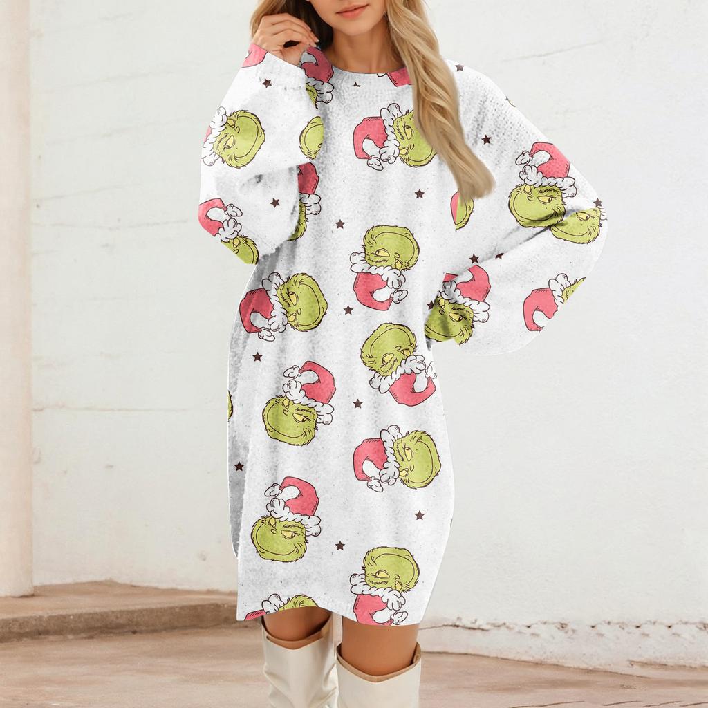 Dámské ležérní plyšové šaty s kulatým výstřihem a dlouhým rukávem