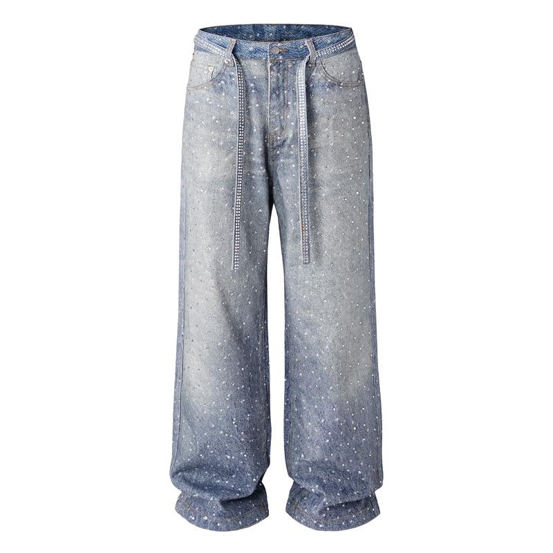 Unisex Wide Leg Pants Jeans Vintage Loose Trousers Straight Denim Pants Mid Waist Lace Up Diamonds Pockets Washed Streetwear