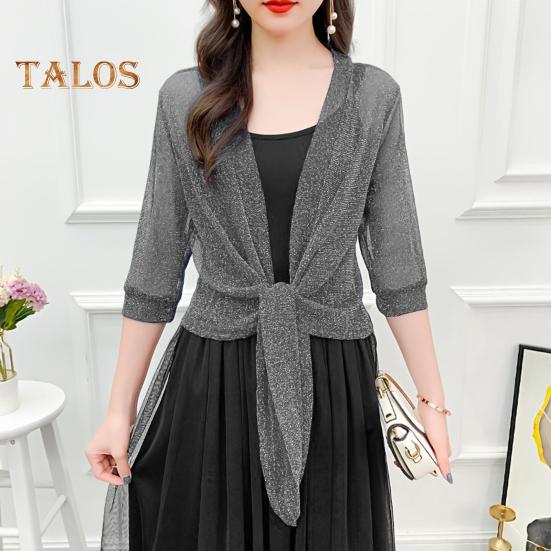 Damen Schalmantel mit V-Ausschnitt, 3/4-Ärmel, zum Schnüren, dünner Mantel, einfarbig, Riemchendesign, normale Passform, Oberteil für Cocktailpartys