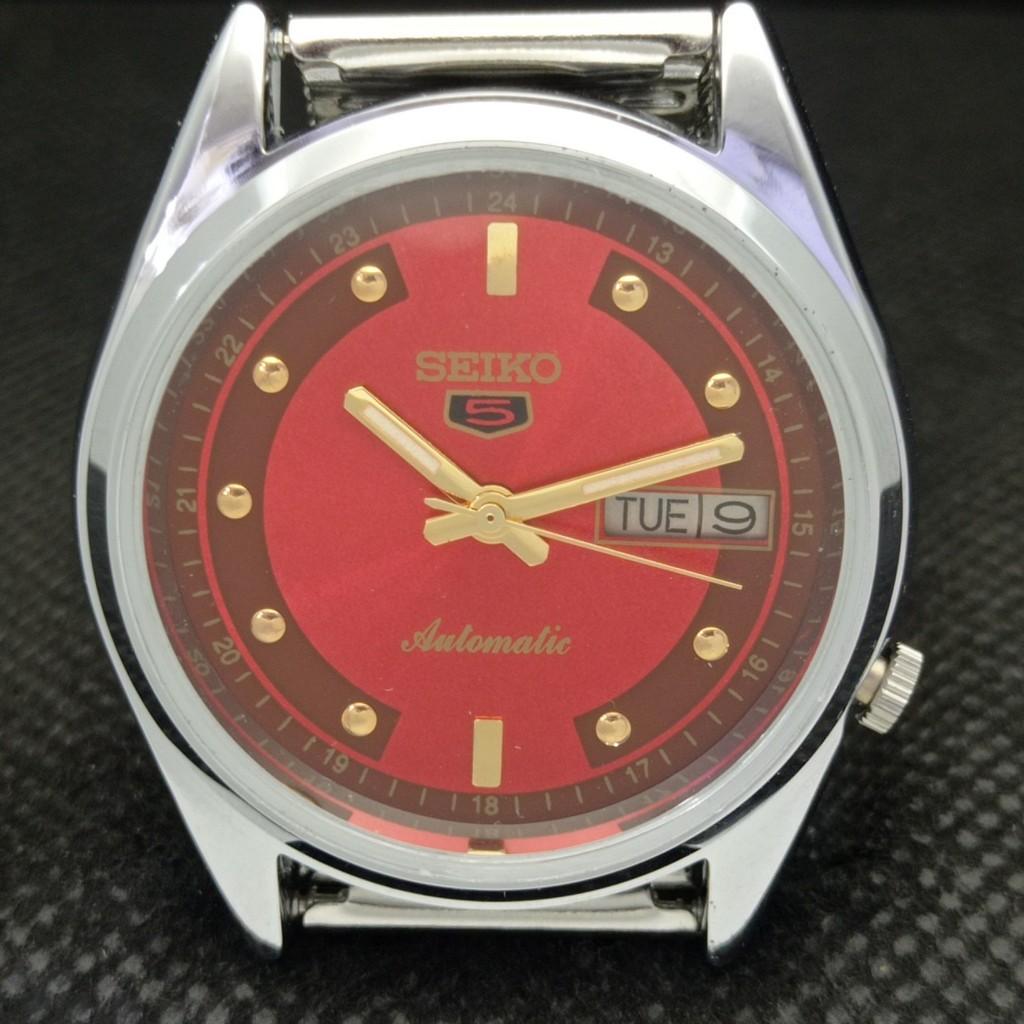 OROLOGIO VINTAGE RISTRUTTURATO SEIKO 5 AUTO 7019A GIAPPONE UOMO D/D ROSSO 593a-a311242-9