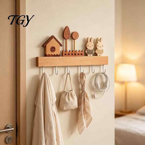 Wall Mounted Key Holder Wooden with 6 Hooks, Decorative Entryway Organizer Kitchen Tool Storage Hook Rack, Easy Mount Installation Hanger for