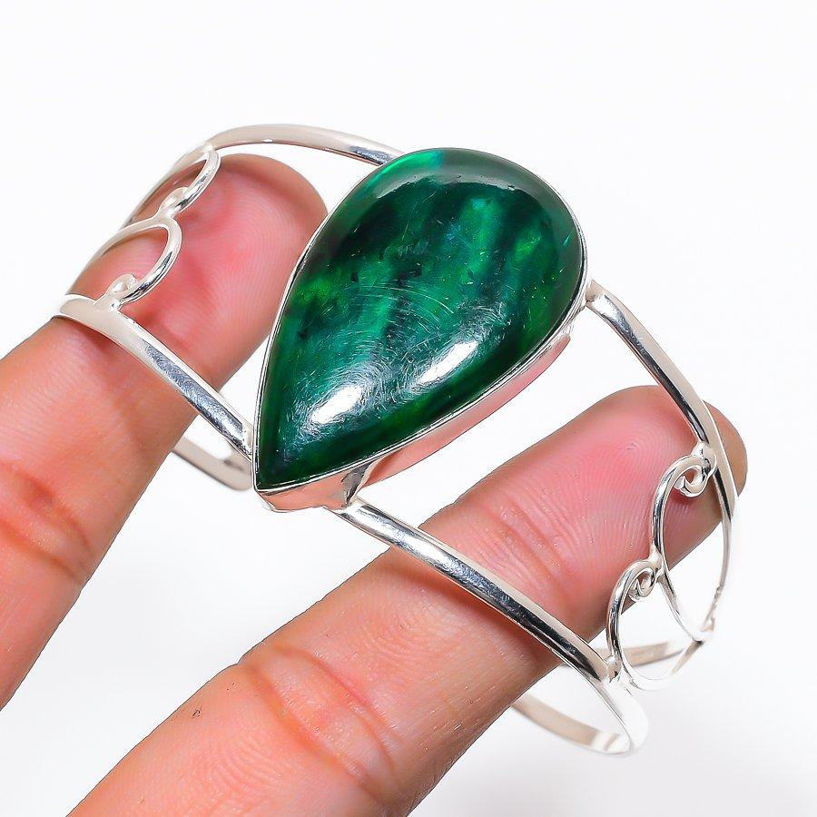 

Natural Green Labradorite 925 Sterling Silver Cuff Bangle Adjustable AC-1411