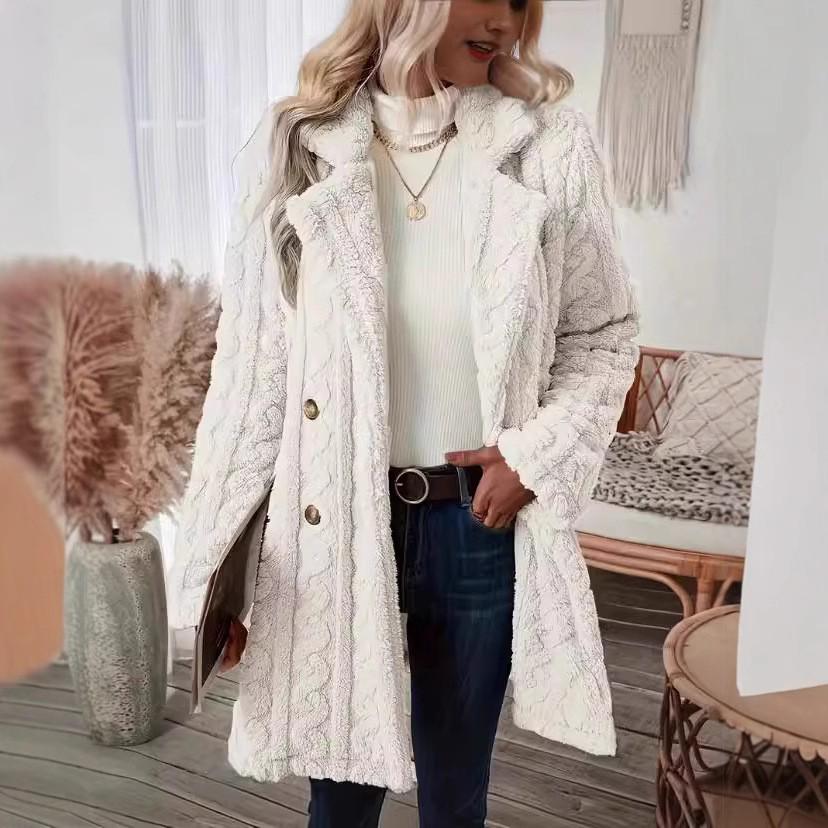 2024 Warm Wool Double-Breasted Plush Overcoat with Suit Collar - Comfortable European & American Style