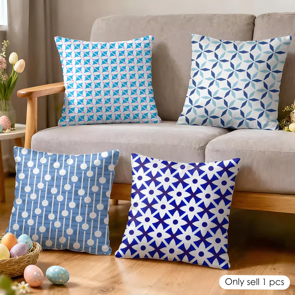 Blue White Geometric Cushion Cover Soft Plush Fabric DoubleSided Printed Cushion Covers for All Seasons Modern HomeDecor Gift