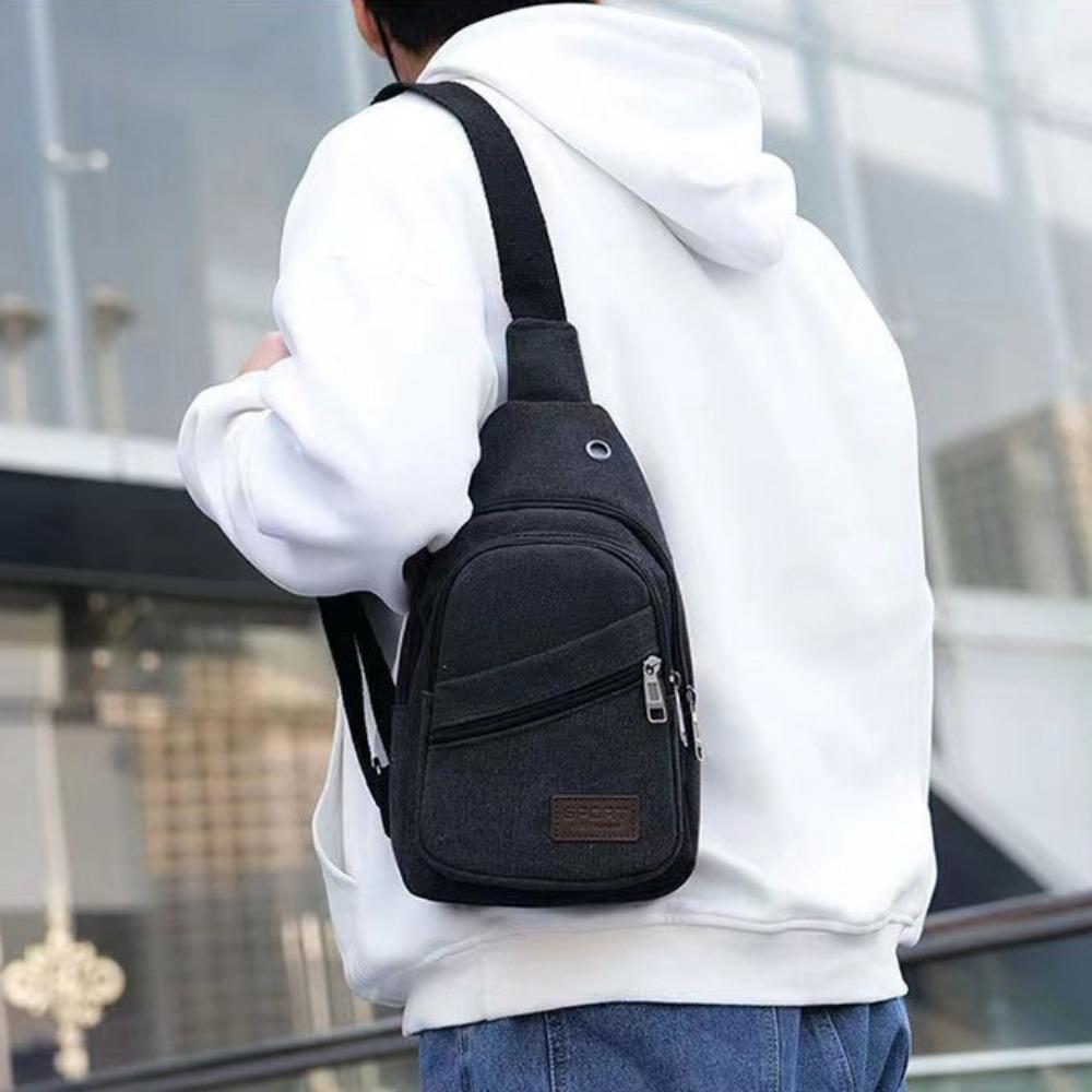 

холст Мужская нагрудная сумка Однотонный спортивный рюкзак Крутая наплечная сумка кроссбоди Для улицы чёрный