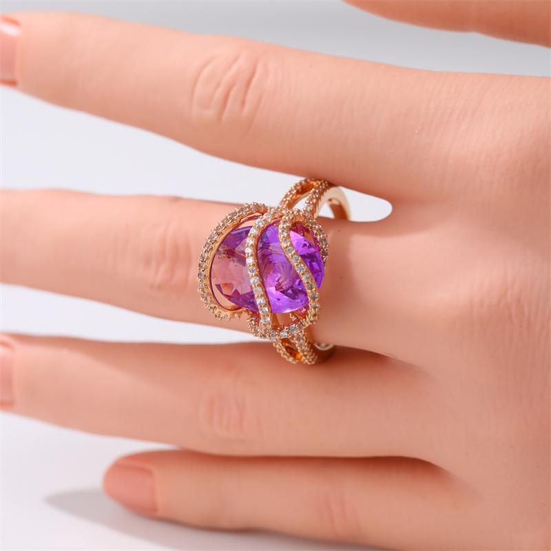 Luxus Intarsien Lila Weiß CZ Damenring Trendige Goldfarbe Geometrie Tägliches Tragen Party Schmuck Jahrestag Geschenk