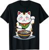 Japanese Maneki-Neko Cat Eating Ramen Asian Fortune Kawaii T-Shirt. Premium Cotton Short Sleeve