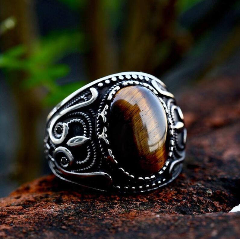 Vintage Ethnic Tiger Eye Owl Totem Ring Punk Fashion Jewelry