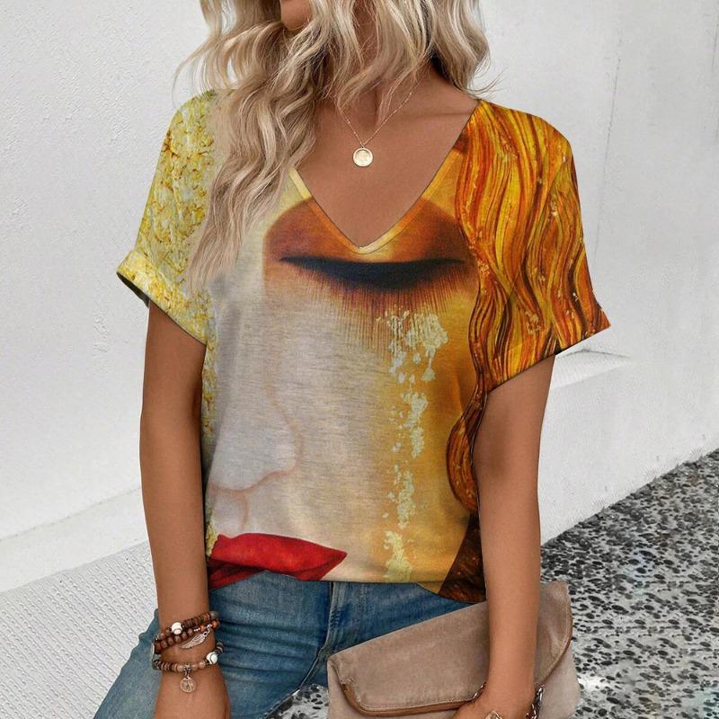 Women's Large Size Short Sleeve V-neck T-Shirt Abstract Face Pattern T-Shirt Fashion Casual Women's Elegant Comfort T-Shirt