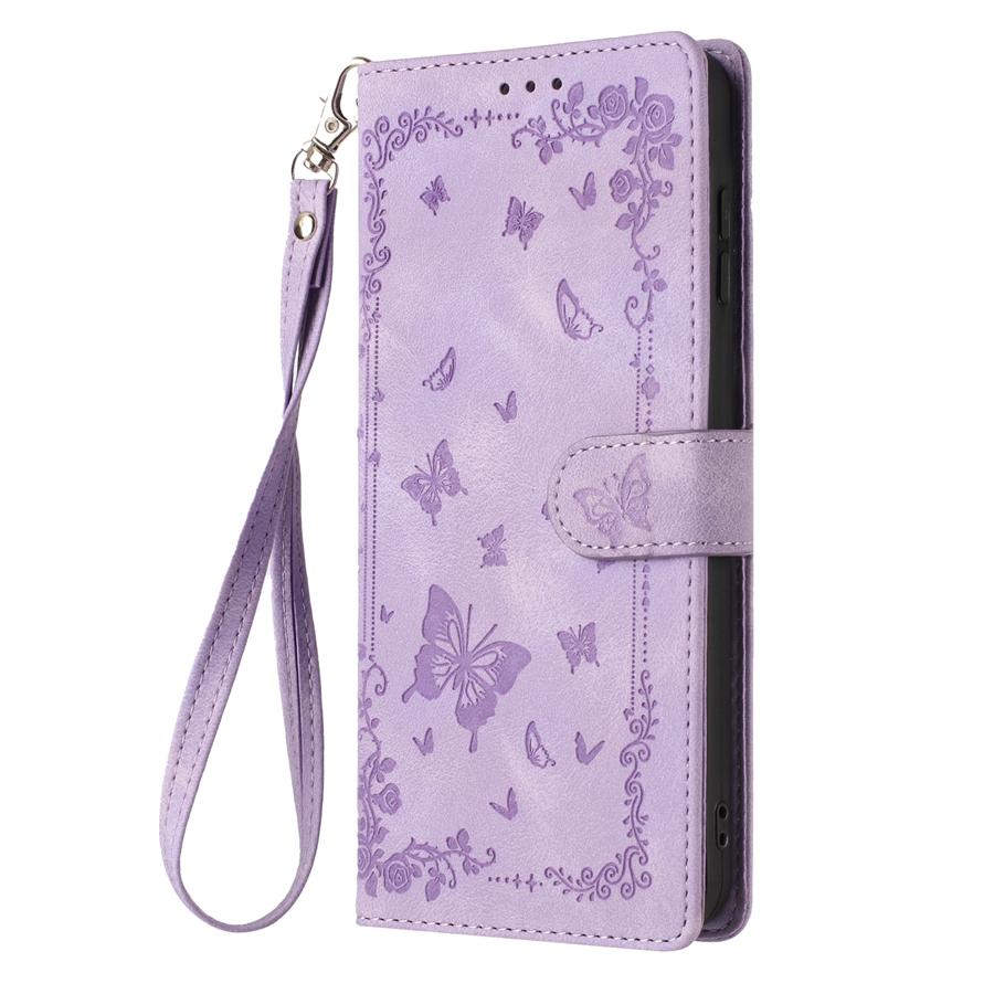 Retro Embossed Flower and Butterfly Phone Case for iPhone 17 16 15 Skin Feel PU Leather Card Slots Wallet Case with Wristband for Samsung S25 S24 S23