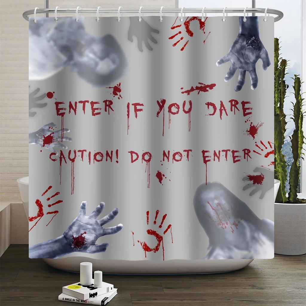 Halloween Duschvorhang Horrornacht Blutige Hände Gruseliger Zombie-Schädel Furchteinflößend Halloween Wasserdicht Bad Badezimmer Duschvorhang