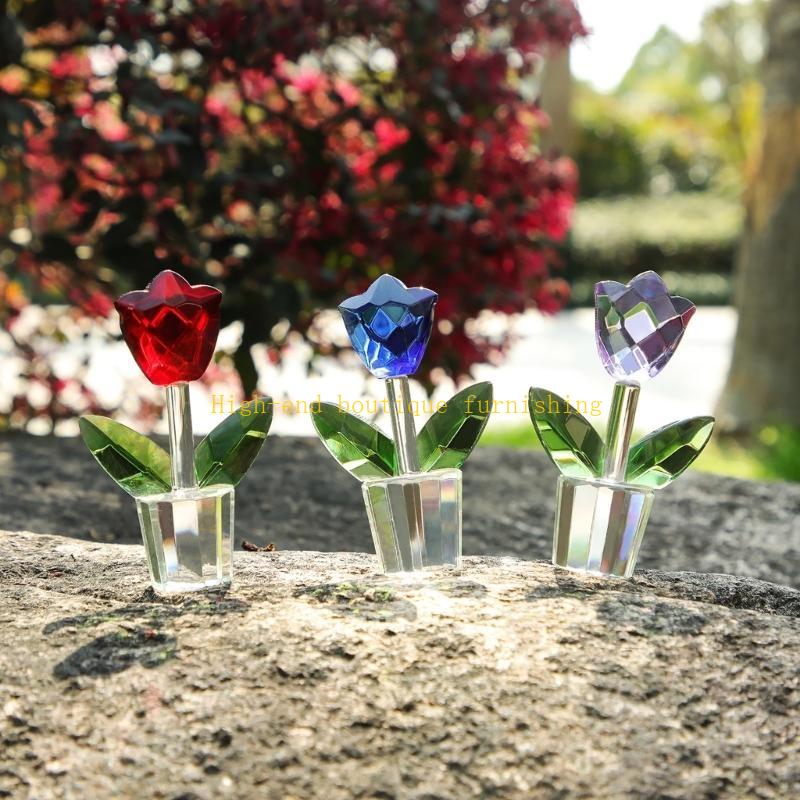  Crystal Glass Tulips Flower Miniature Sculpture Ornament for Valentines Gift