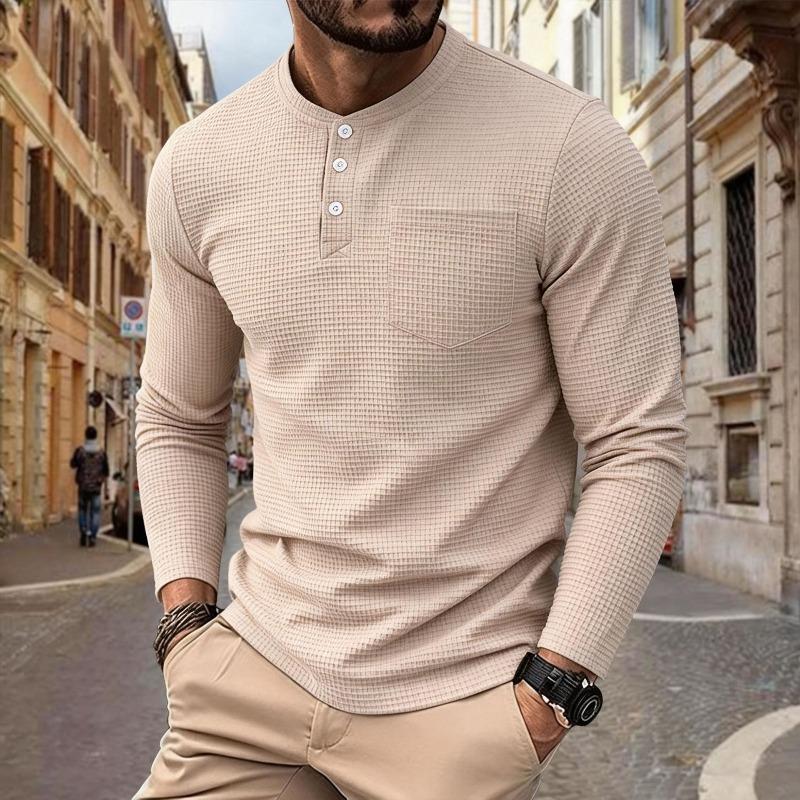 Men's Vintage Simple Loose Henley Long Sleeve T-Shirt.