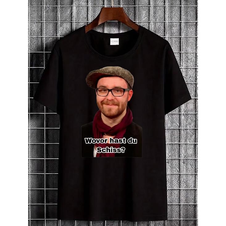 Black T Shirt with Man Wearing Hat And Scarf Print And German Text What Are You Afraid of for Casual Wear