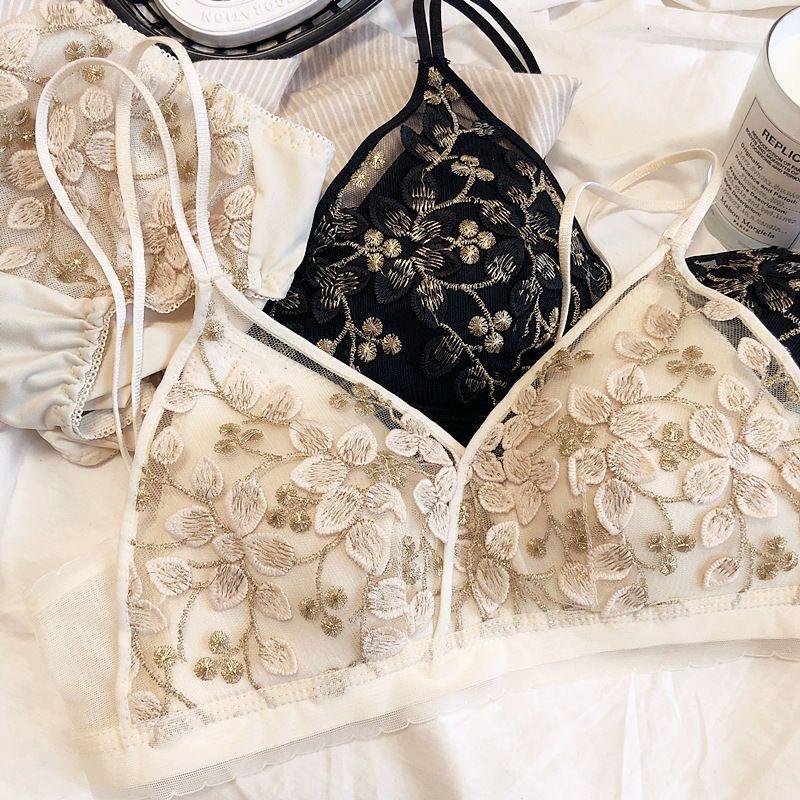 High-end new female sexy underwear embroidery without steel ring triangle cup thin upper support gathered to show small bra cover set