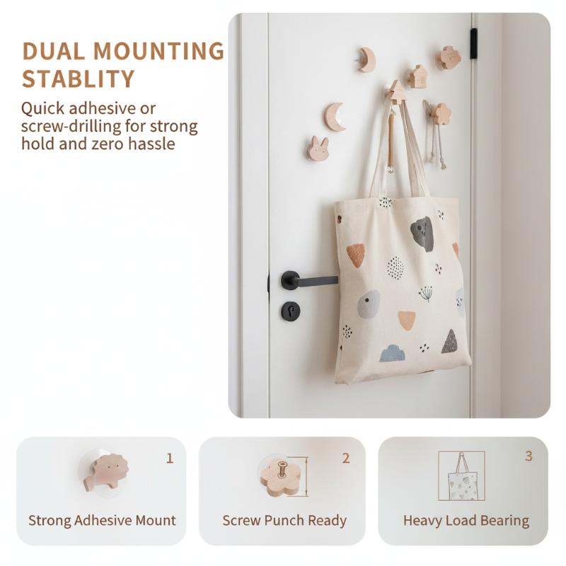 Wooden Wall Hook Cute Cartoon Solid Wood Heavy Duty Decorative Hanging Hook For Coat Hat Towel Entryway Bedroom Home Decor