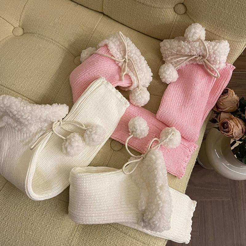 Lolitas Leg Warmers for Women Girls White Ball Knitted Leg Sleeves Winter Warm Ankle Heap Socks JK Uniform Foot Cover