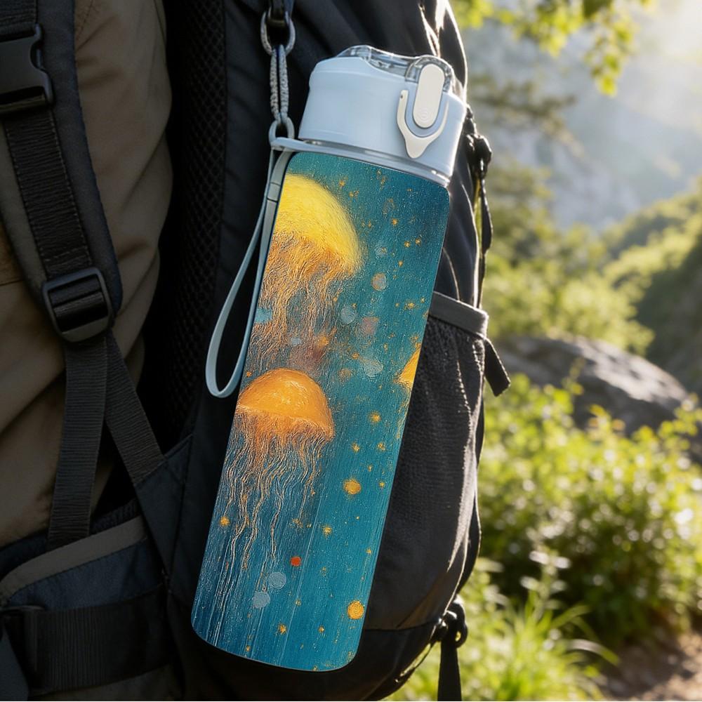 1PC Yellow Jellyfish Deep Ocean Scene Print 750ml Color Plastic Sports Water Bottle Leakproof Flip Straw Lid Suitable for Sports Office Home Use