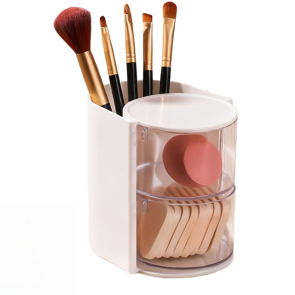 Transparent PET Rotating Makeup Organizer Box with 180 Degree Turn Cover for Brushes For Sponges and Beauty Tools