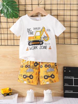 Set Estivo da Ragazzo a Maniche Corte con Stampa 3D T-shirt Escavatore Pantaloncini Bambini Fresco Sottile Casual