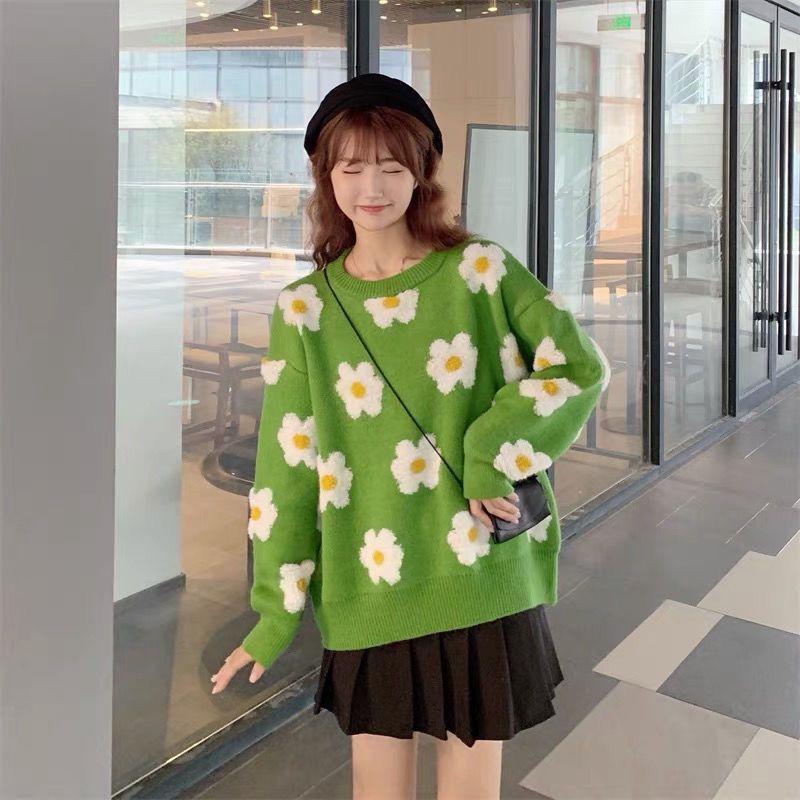 

Осінньо-зимовий одяг із квітками соняшника Пуловер з круглим вирізом Універсальний вільний в’язаний светр Жіночий пуловер 2023 One Size зелений
