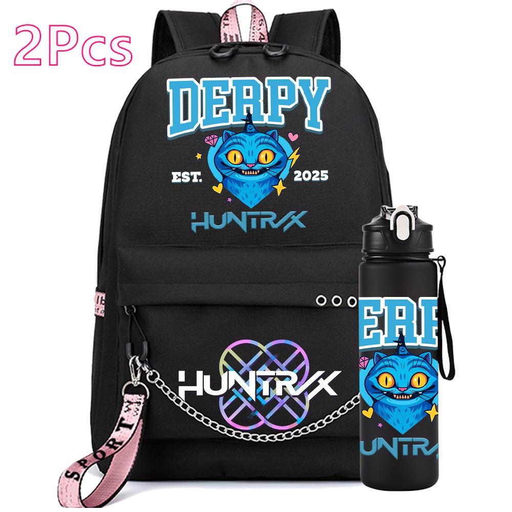 2Pcs/set Anime K-Pop Demon Hunters Printed Backpack with 750Ml Water Bottler for Teenager Girl Boy Large Capacity Waterproof Bookbag Gift