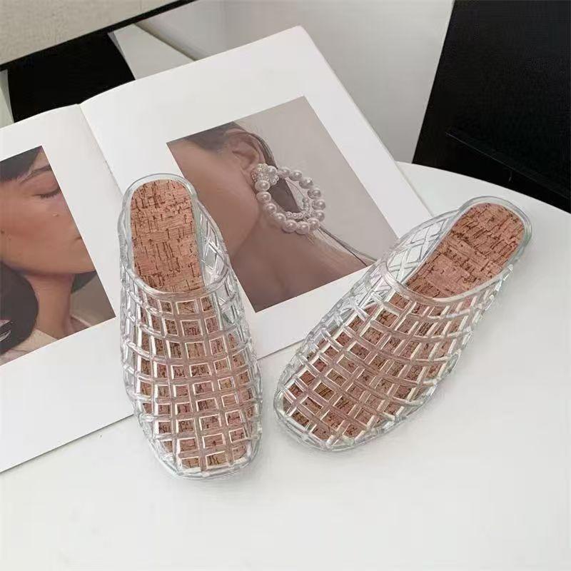 Niche Design Summer New Square Head Hollow One Pedal Flat Bottom Soft Bottom Jelly Bag Head Cool Slippers Women