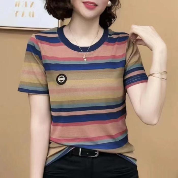 New Summer T-shirt Short-sleeved T-shirt Striped Fashionable Round Neck Mom Shirt Slim Top