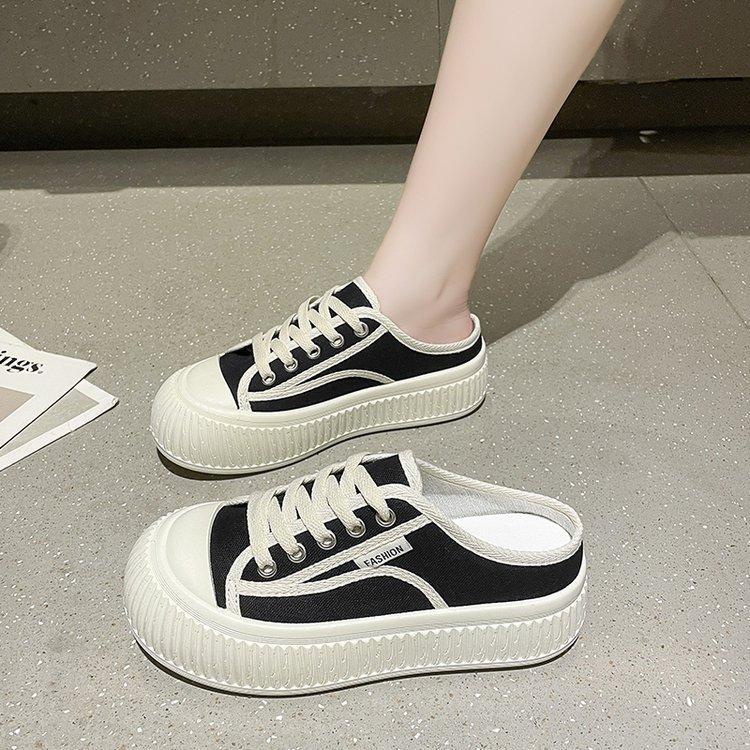 Closed Toe Half Slippers Women's Outer Wear Thick-Soled Biscuit Canvas Half Support  New Spring and Summer Slip-on Lazy White Shoes