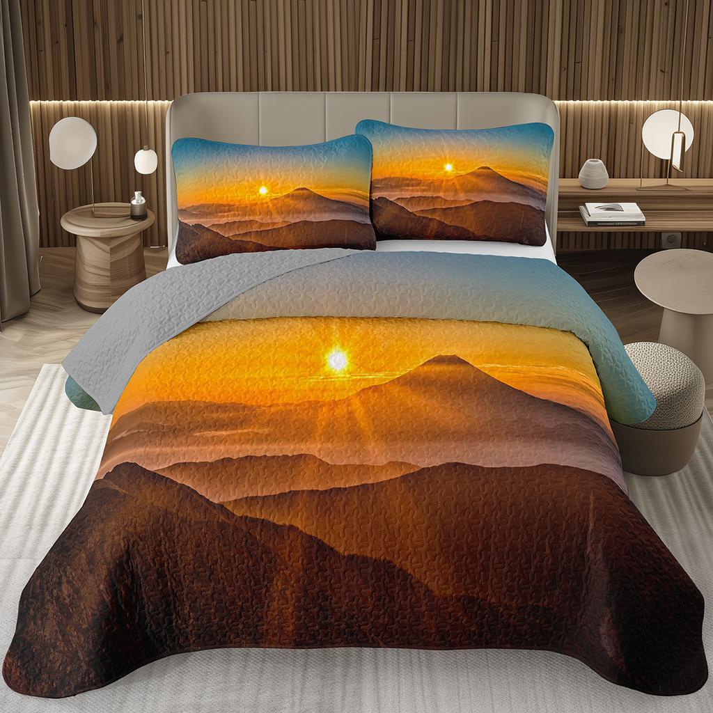 Sunset Scenery Bedspread Queen/Full Natural Landscape Quilted Coverlet 2/3Pcs Reversible Grey Bedding Set for Boy Girl Room Dorm