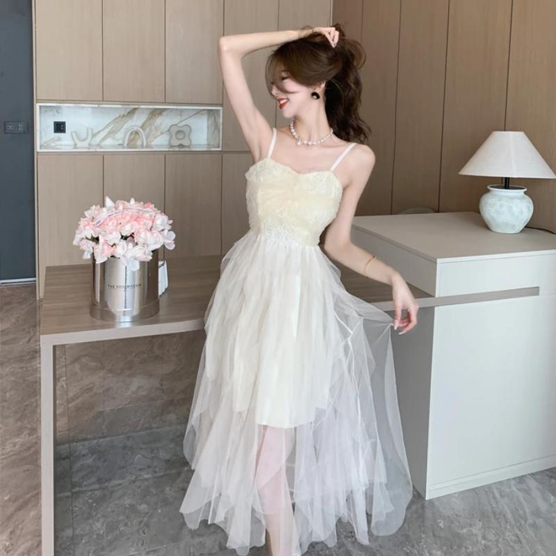 Sommer Sexy Spaghettiträger Mesh Patchwork Midikleid für Damen Mode Ärmellose Rüschen Rückenfreies Club Schlanke Partykleider