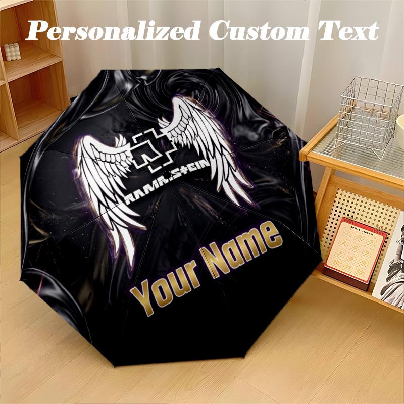 Rammstein Automatic 8‑ribs Umbrella, Custom Name Text Personalized Folding Umbrella Rain Sun Gift
