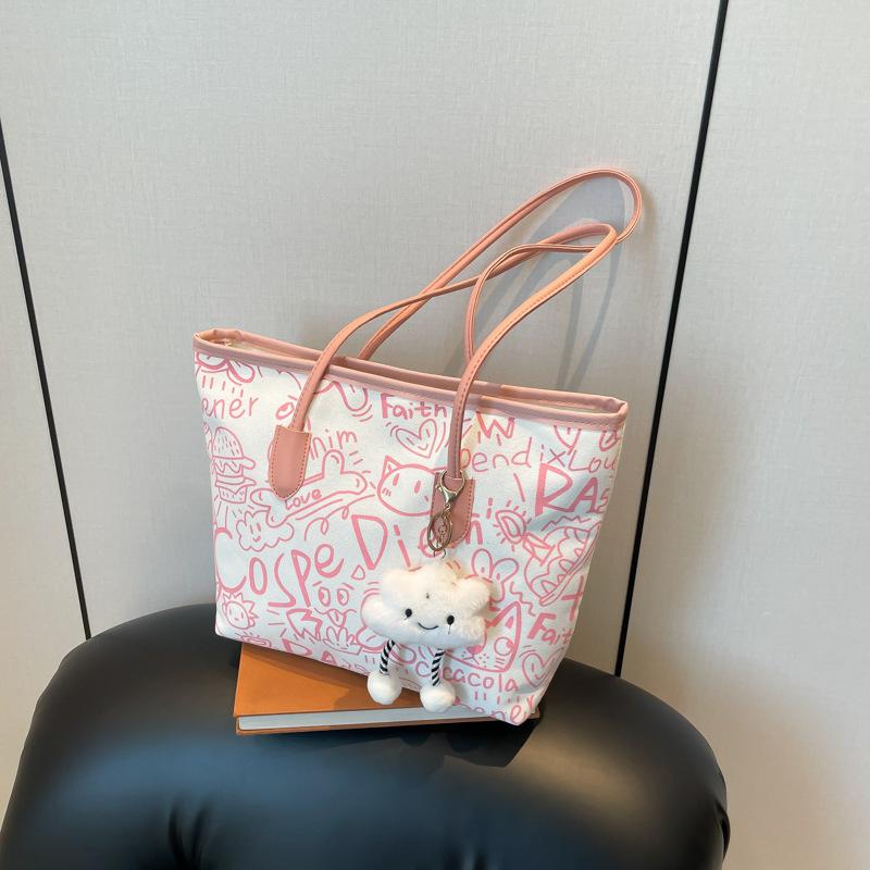 Chic 2026 Graffiti Print Faux Leather Tote Bag for Women, Spacious Casual Shoulder Handbag, Trendy Daily Commute Underarm Bag CLE