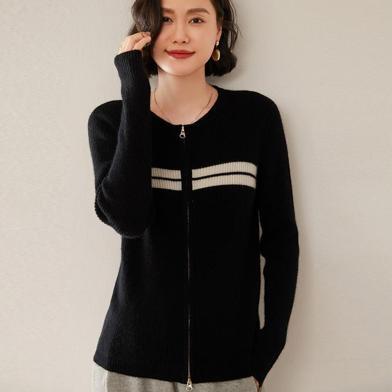 Color-Block Patchwork Cashmere Cardigan - Women's Autumn/Winter 2025 Ribbed Long Sleeve Knit Top