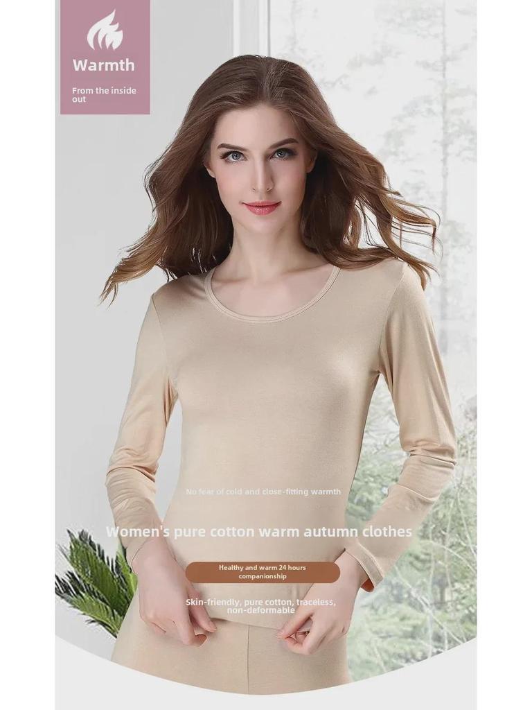 Women's Pure Cotton Long-Sleeve Thermal Sweater - Round Neck, Autumn/Winter Warm Top