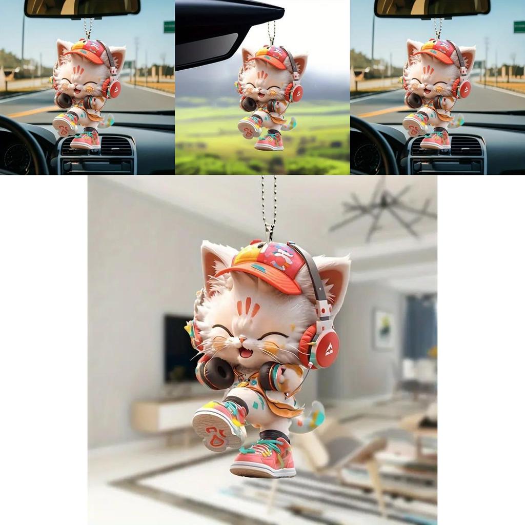 Cute Listening To Music Colorful Cat Pattern, Acrylic Pendant For Fun Vehicle Accessory