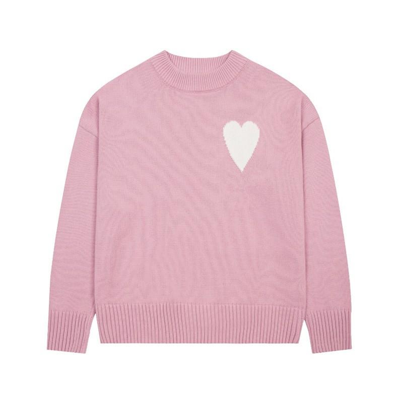 Unisex Knit Sweater With Embroidered Heart Motif Crew Neck Loose Fit Cotton Blend Casual Workwear Style