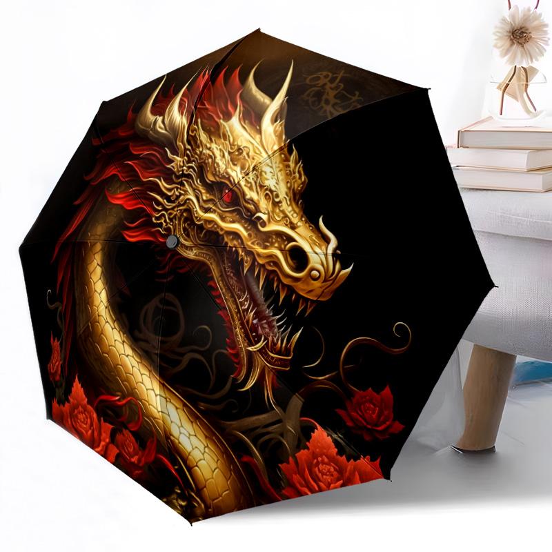 Dragon Artwork Outdoor Automatic Umbrella Sturdy 8 Rib Durable Plastic Iron Outdoor Daily Use Outdoor Accessory Perfect Gift Friends